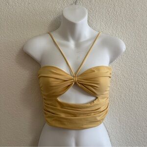 bec + bridge Butter Yellow Knot Front Cut Out Halter Neck Crop Top Size 4